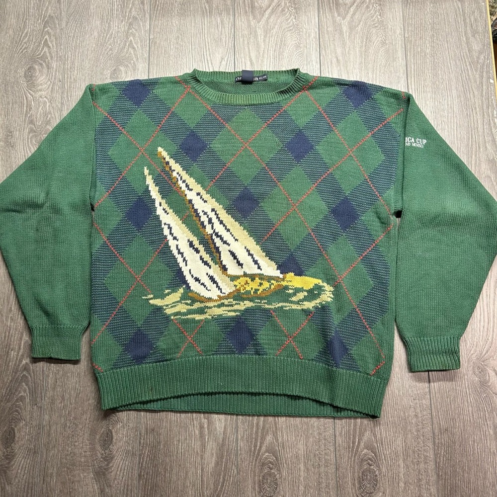 Vintage Nautica Cup Scotland MCMXCI Green Argyle Sailboat Knit Sweater Mens XL